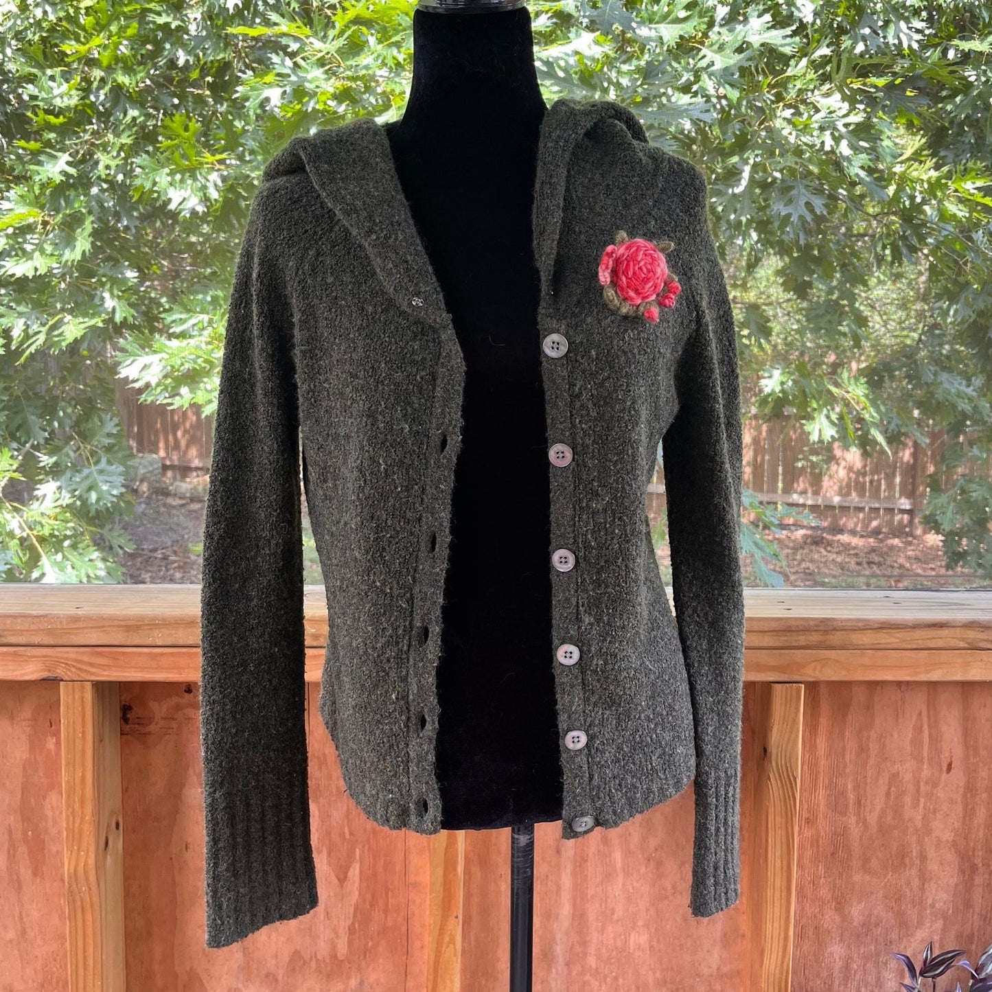 Anthropologie Sleeping On Snow Army Green Boucle' Hooded Cardigan Size S