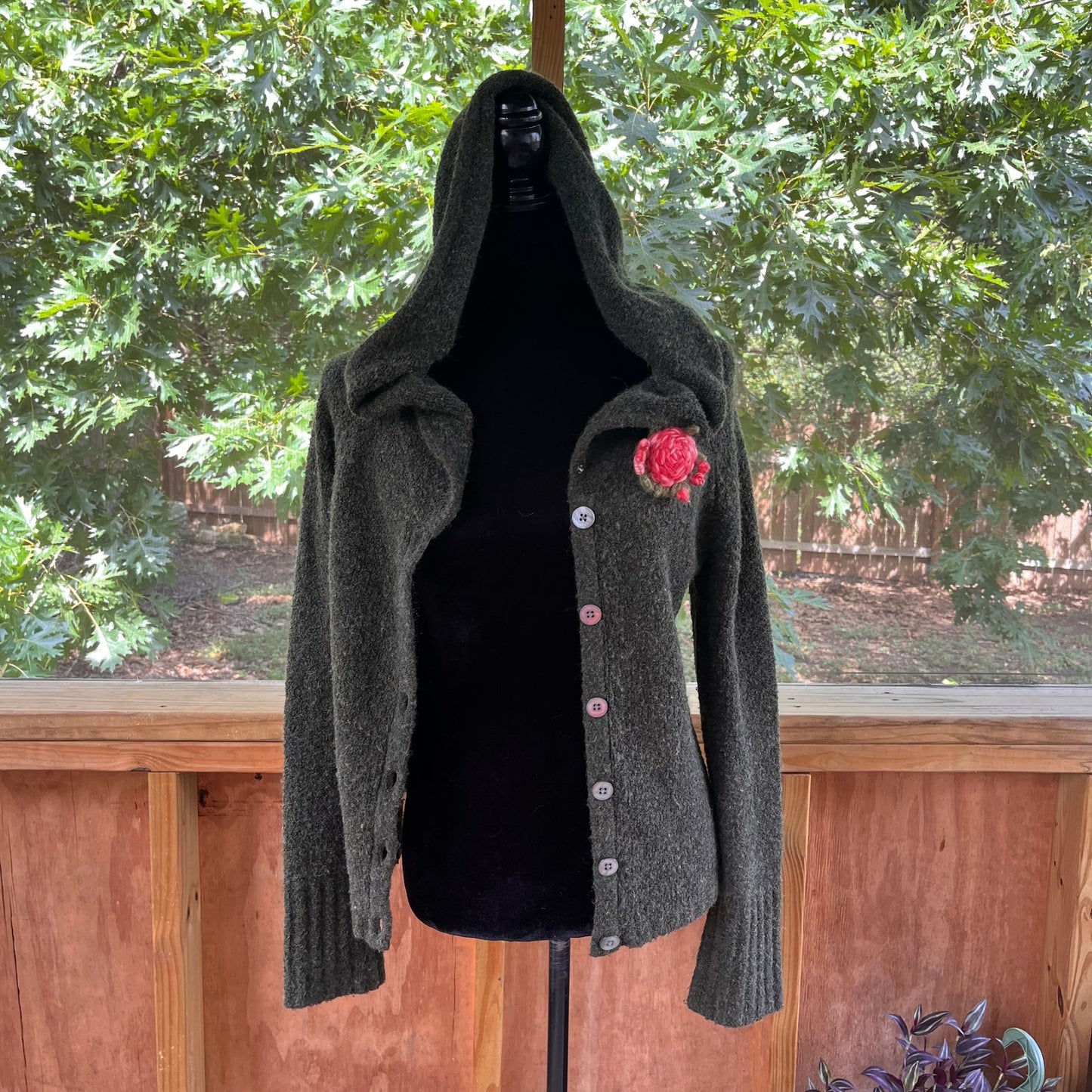 Anthropologie Sleeping On Snow Army Green Boucle' Hooded Cardigan Size S