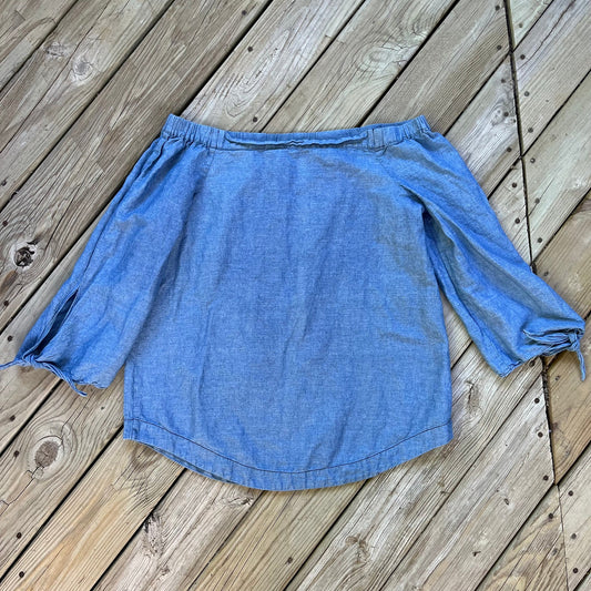 Free People Show Some Shoulder Top Chambray Blue Size L