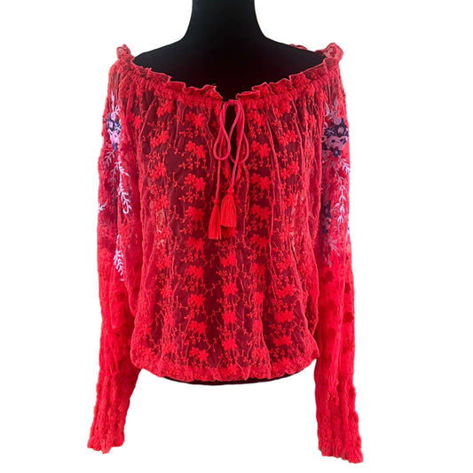 Free People Embroidered Red Sheer Jubilee Top Size M