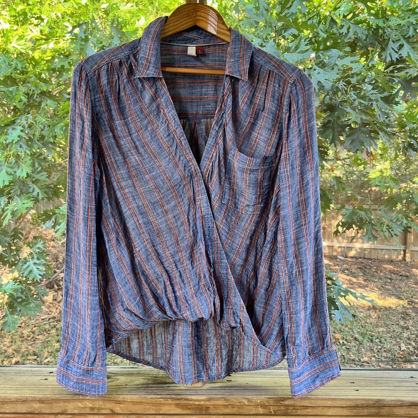 Anthropologie Pilcro Slate Blue And Orange Stripe Wrap Front Blouse Size S