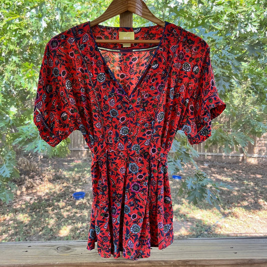 Anthropologie Maeve Red Floral 100% Silk Kimono Sleeve Blouse Size XS