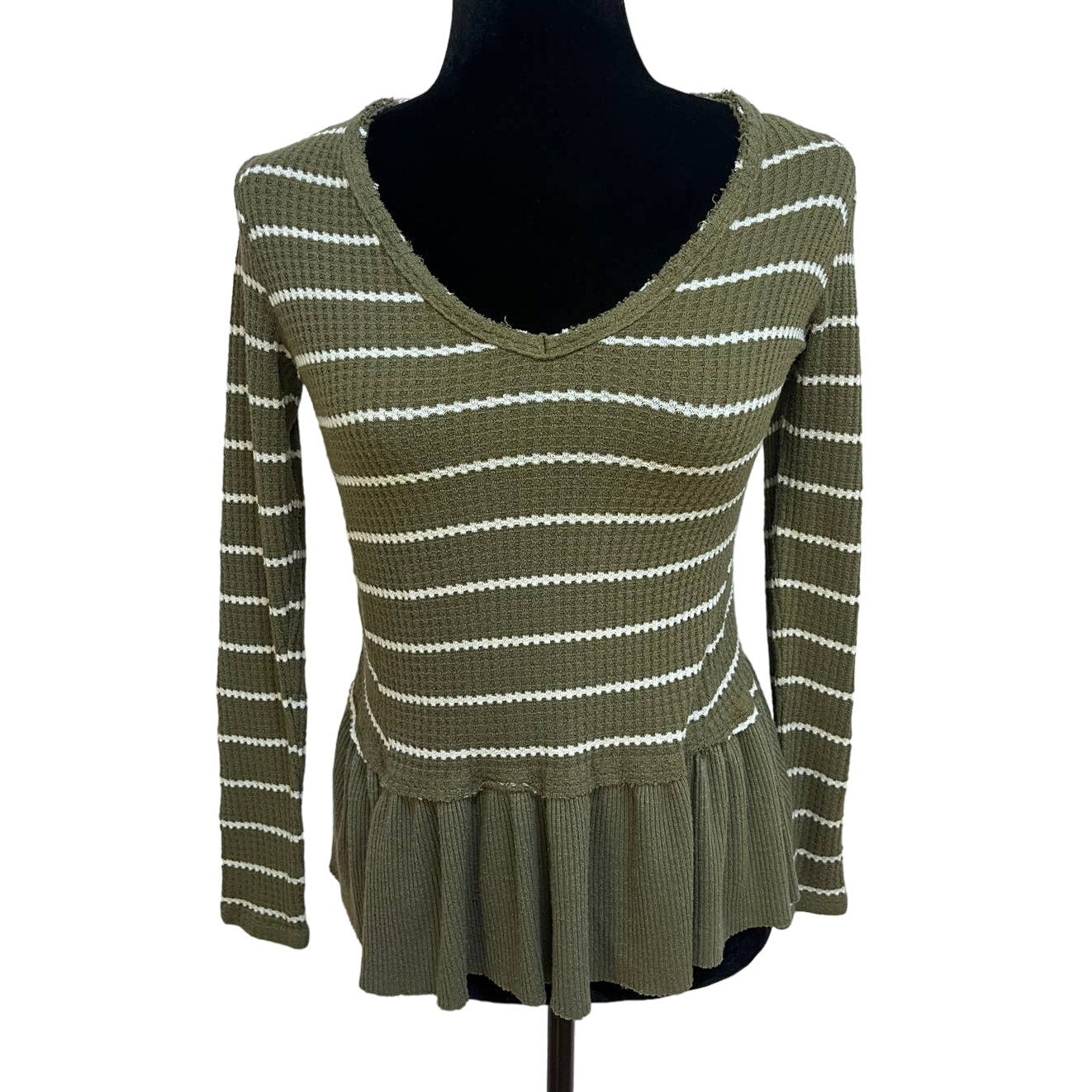 Anthropologie Eri & Ali Green & White Striped Ruffled Knit Top Size XS