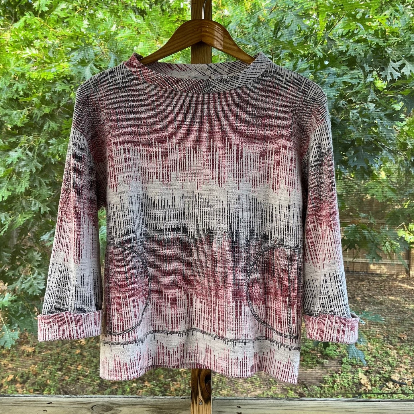 Anthropologie Postmark Etched Sunset Knit Top Red Combo Size S