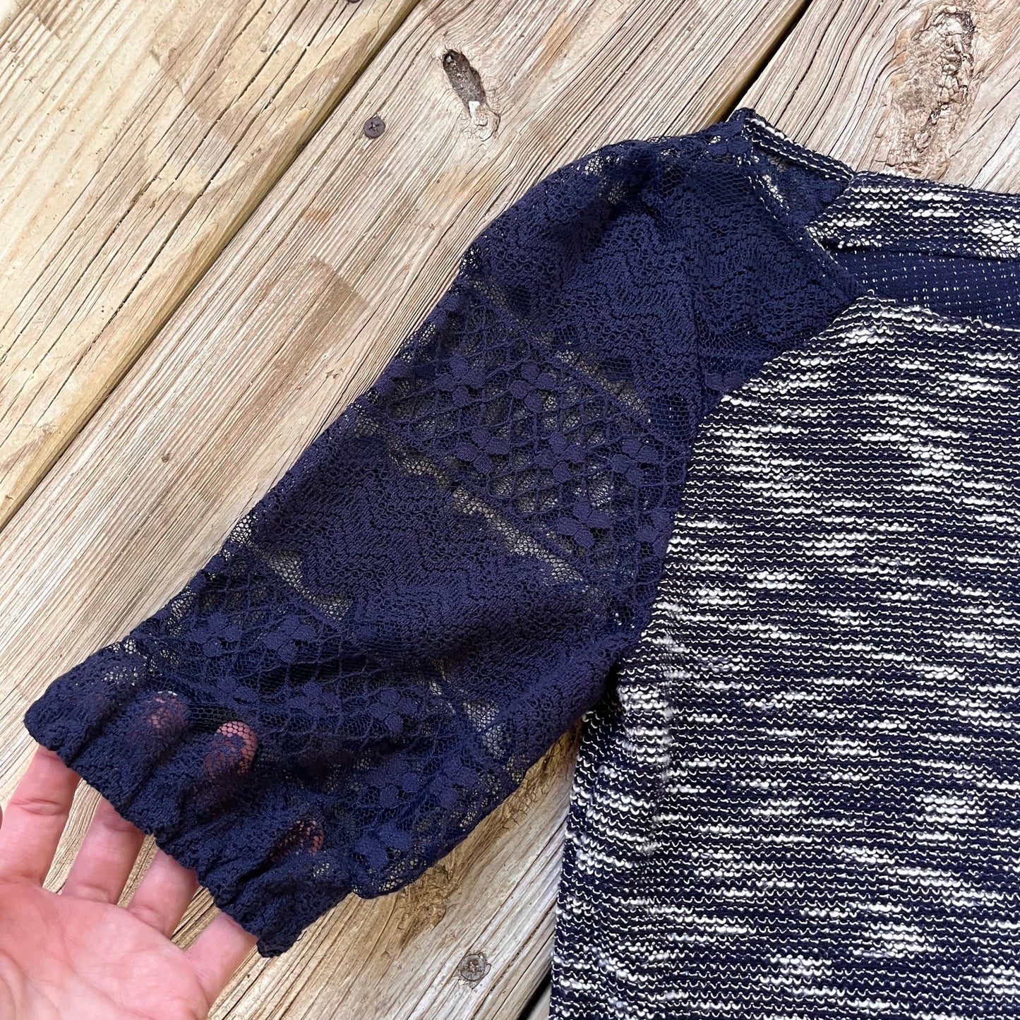 Anthropologie Postmark Navy Tweed Lace Sleeve Knit Top Size S