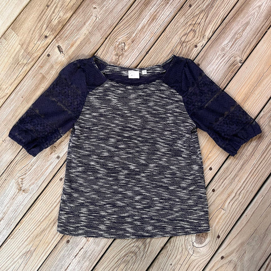 Anthropologie Postmark Navy Tweed Lace Sleeve Knit Top Size S