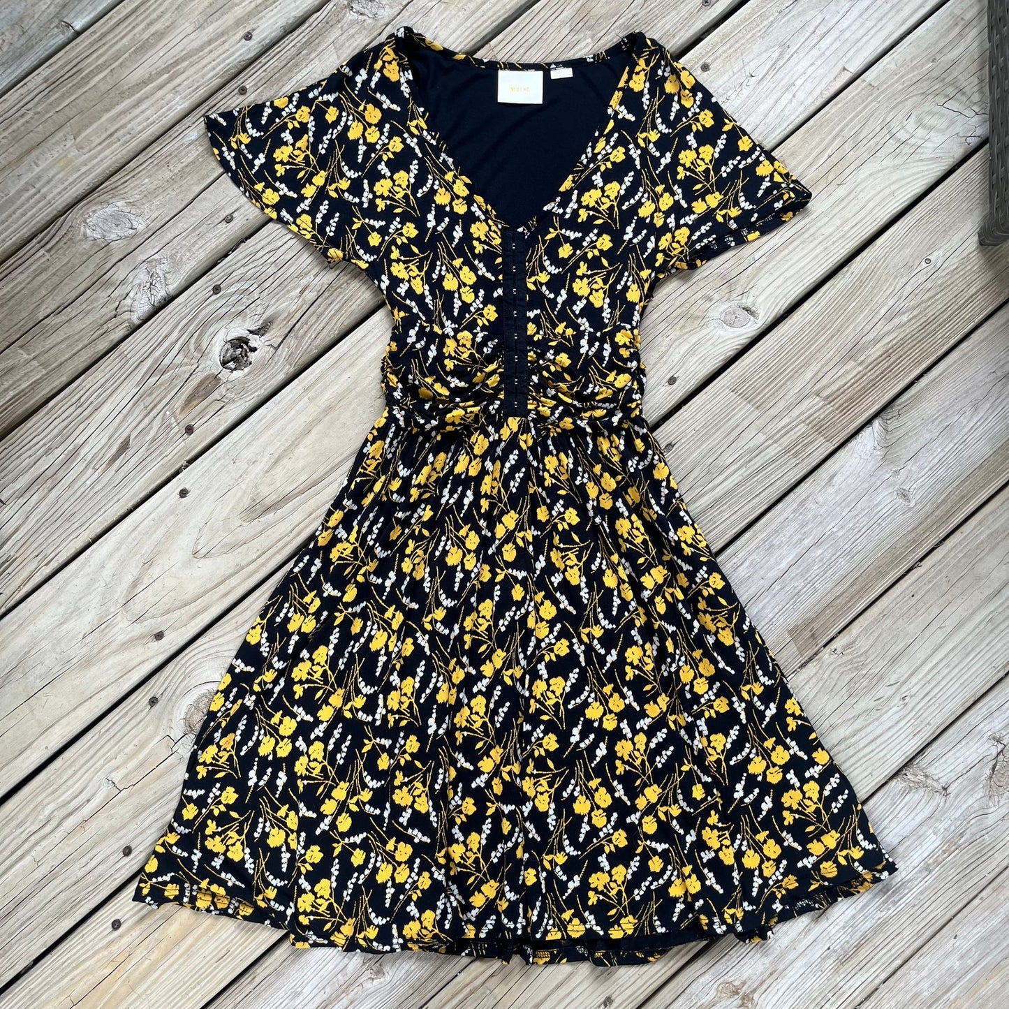 Anthropologie Maeve Black And Yellow Fit & Flare Dress Size XS