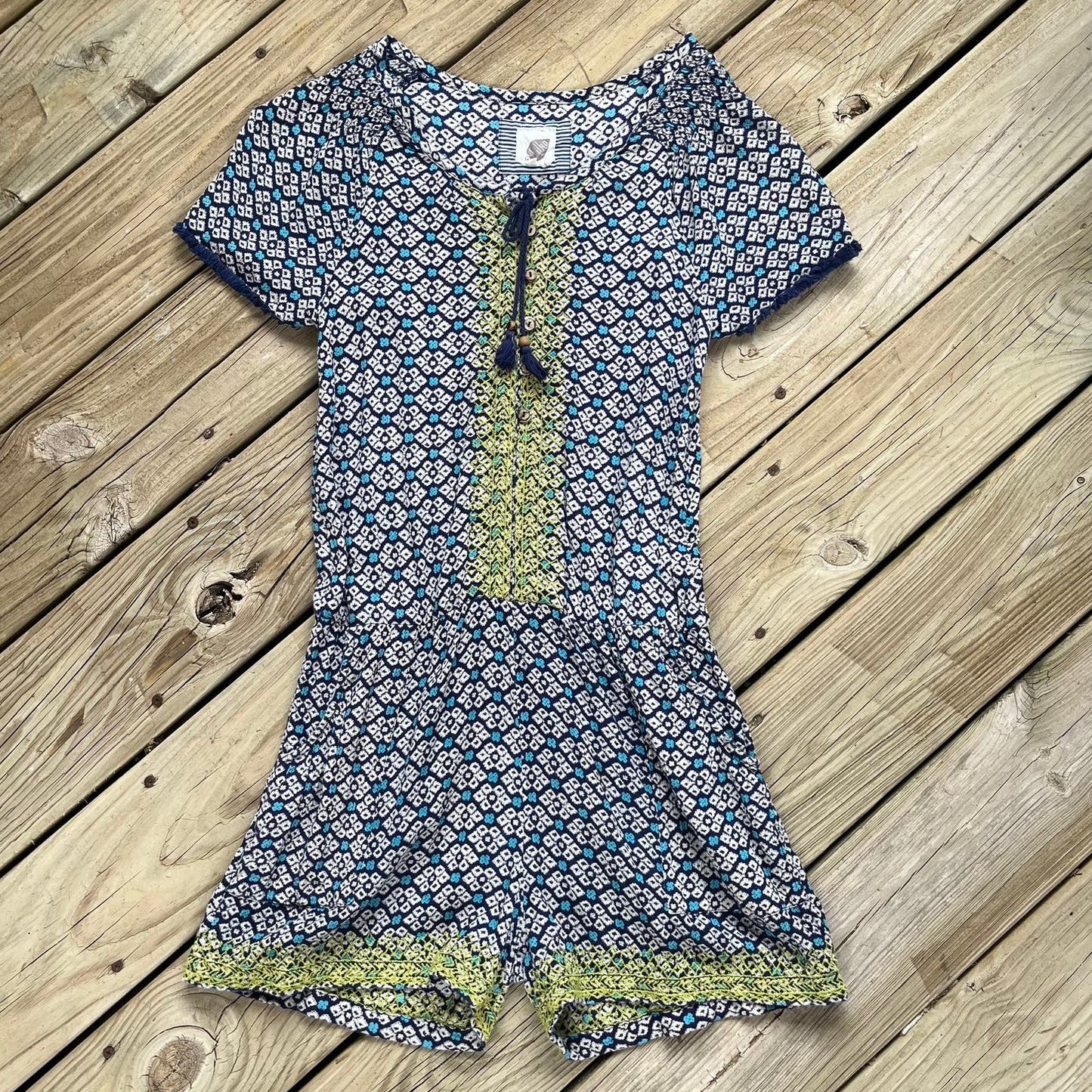 Anthropologie Lilka Long Weekend Blue Printed Romper Size S