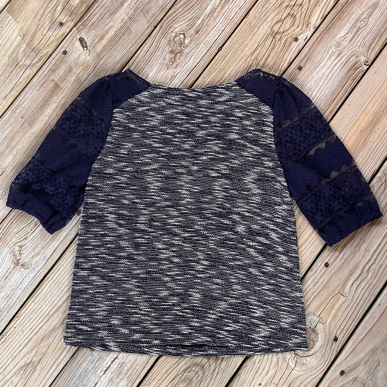 Anthropologie Postmark Navy Tweed Lace Sleeve Knit Top Size S