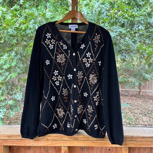 Alfred Dunner Women's Vintage Black Floral Cardigan Size M