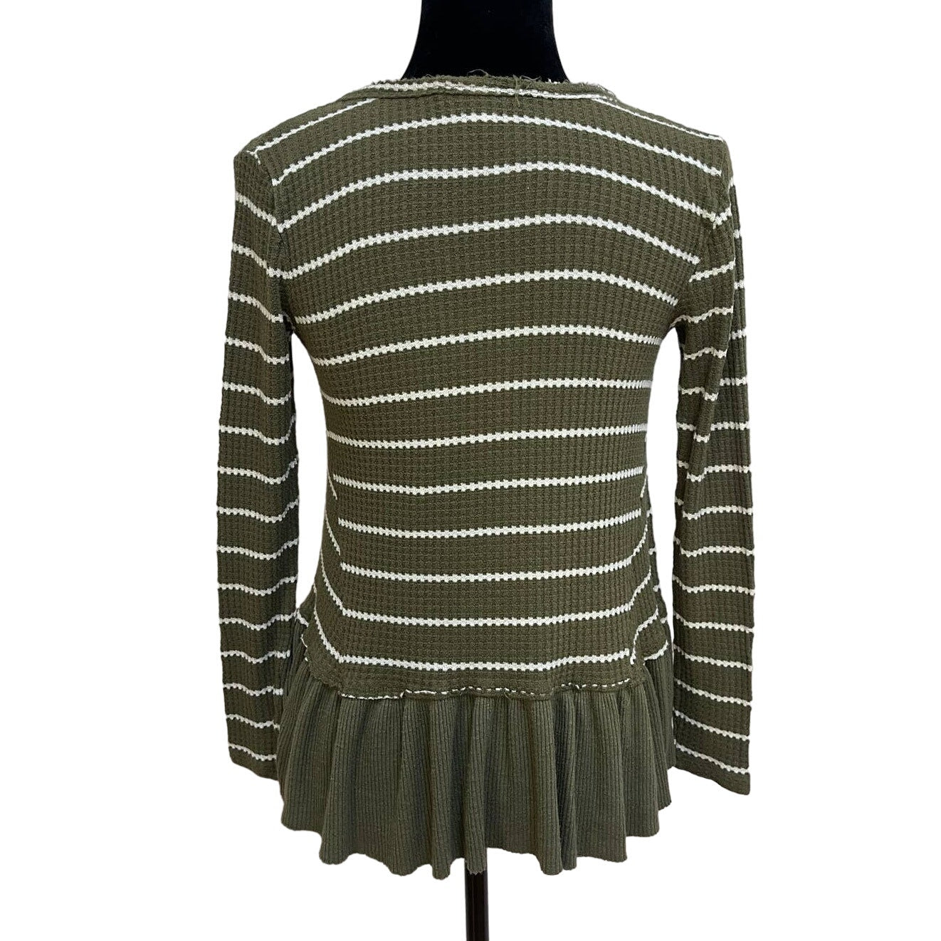 Anthropologie Eri & Ali Green & White Striped Ruffled Knit Top Size XS