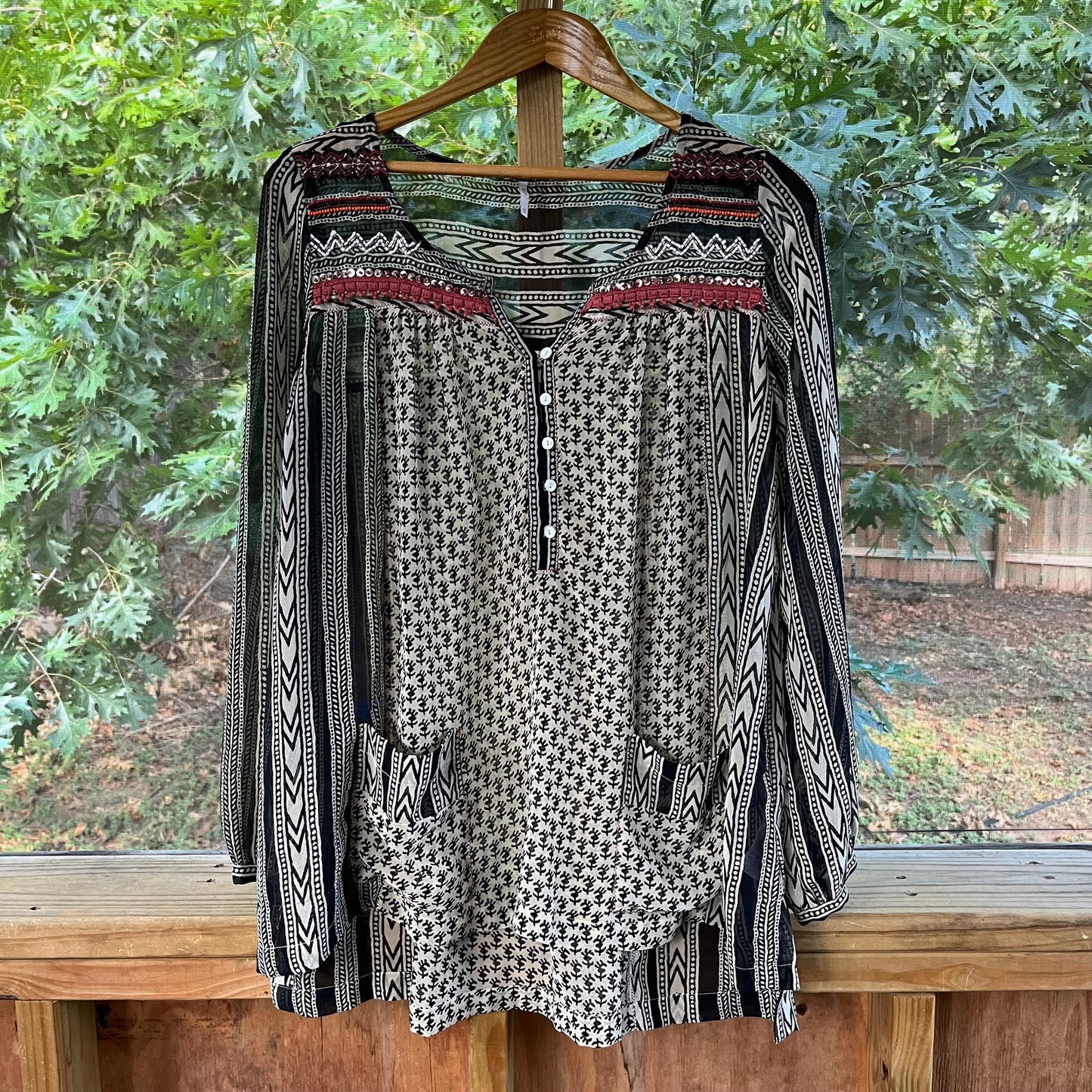 Free People Feather In The Wind Tunic Top Black Beaded Size XS