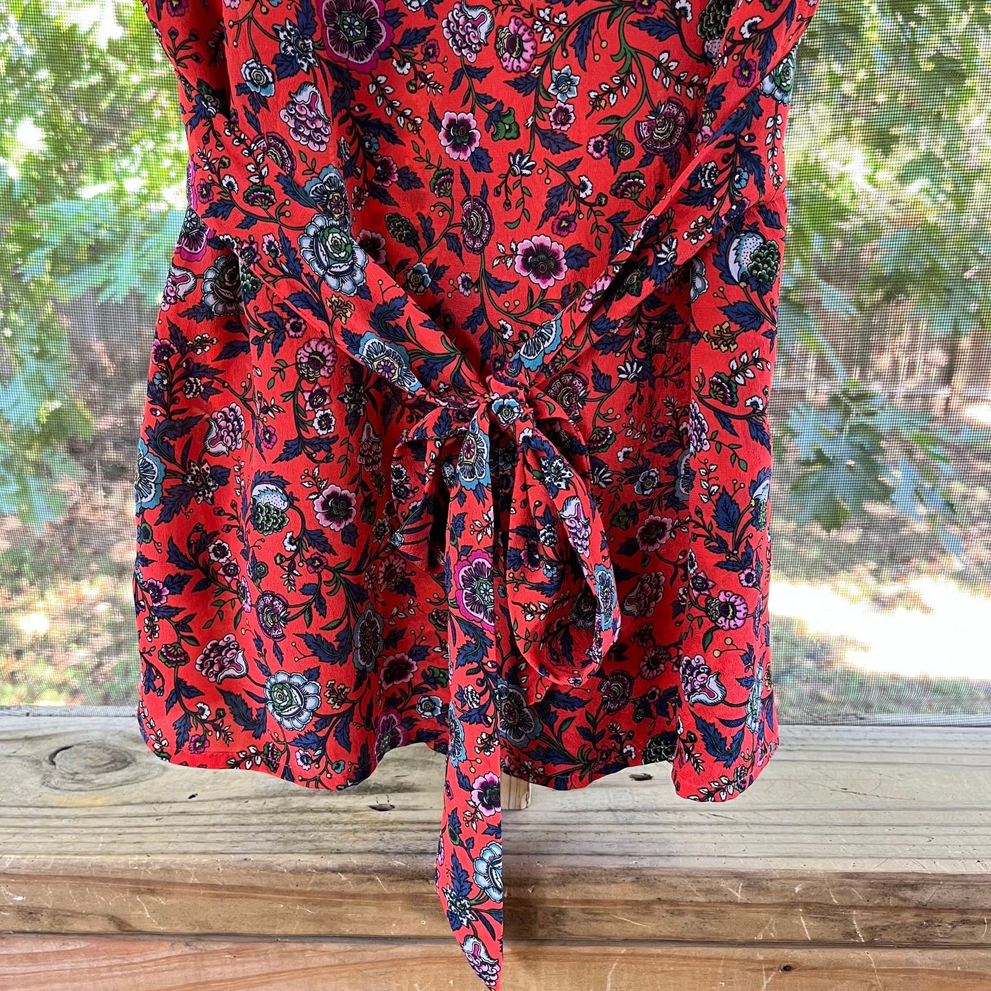 Anthropologie Maeve Red Floral 100% Silk Kimono Sleeve Blouse Size XS