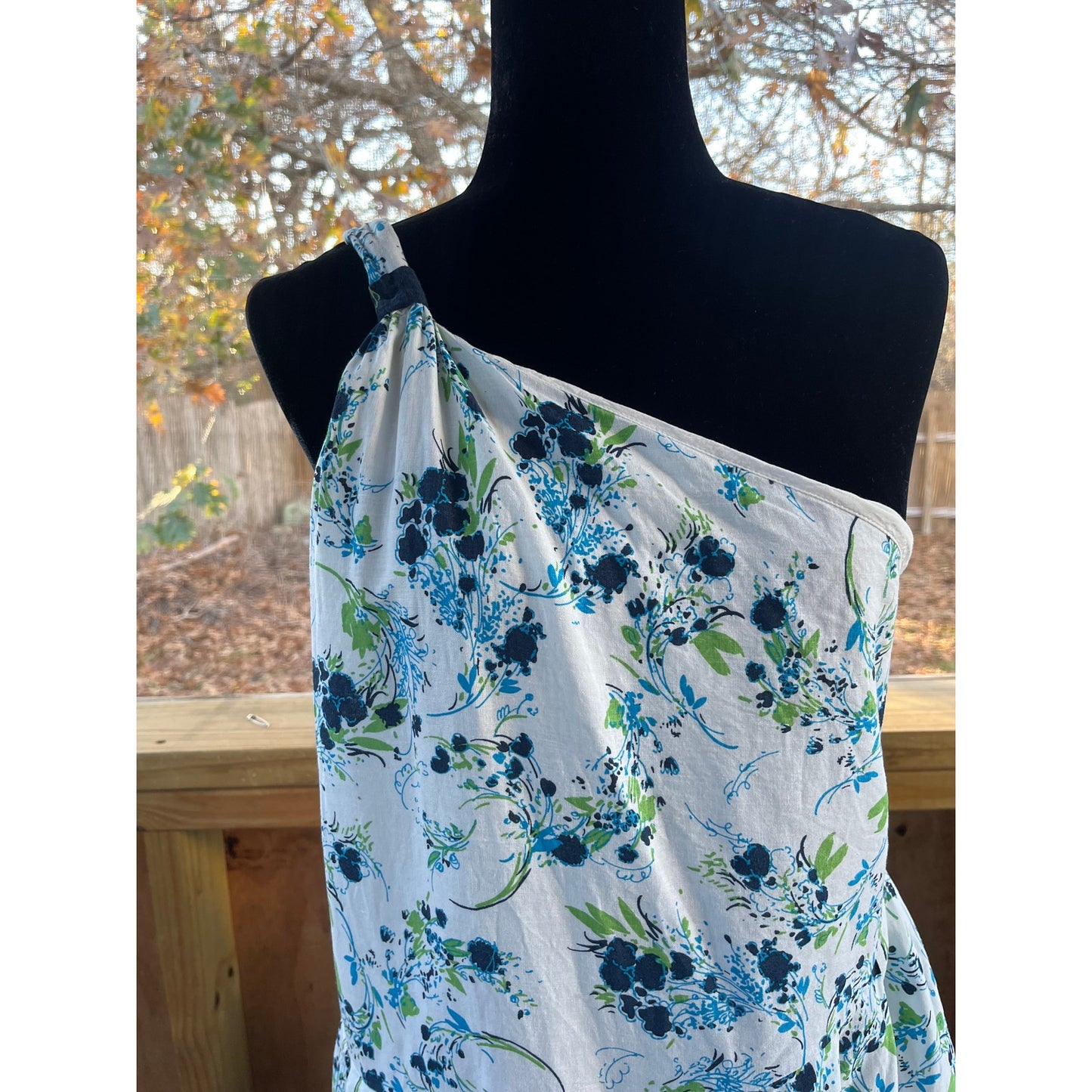 Free People All Mine Mini Dress Size L Blue And White Floral One Shoulder