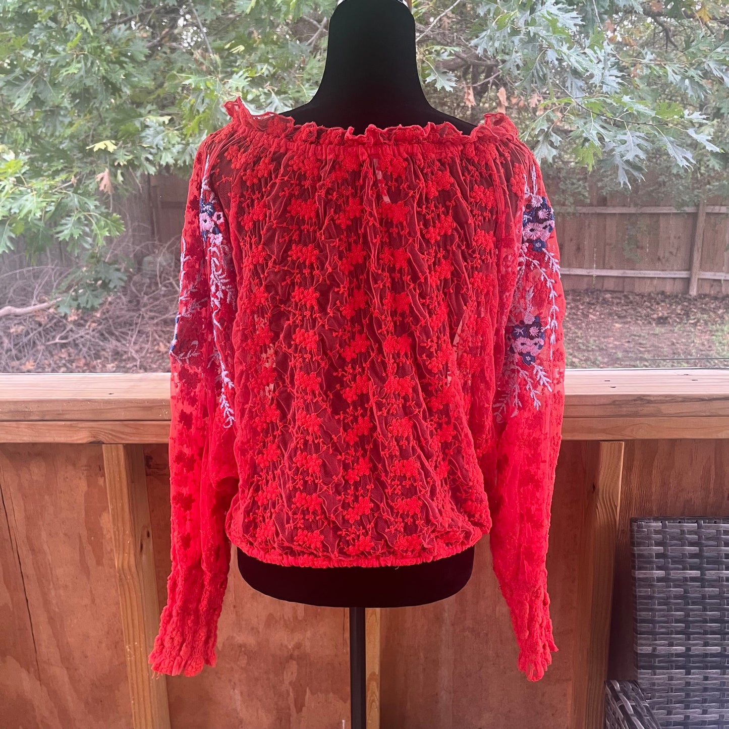 Free People Embroidered Red Sheer Jubilee Top Size M