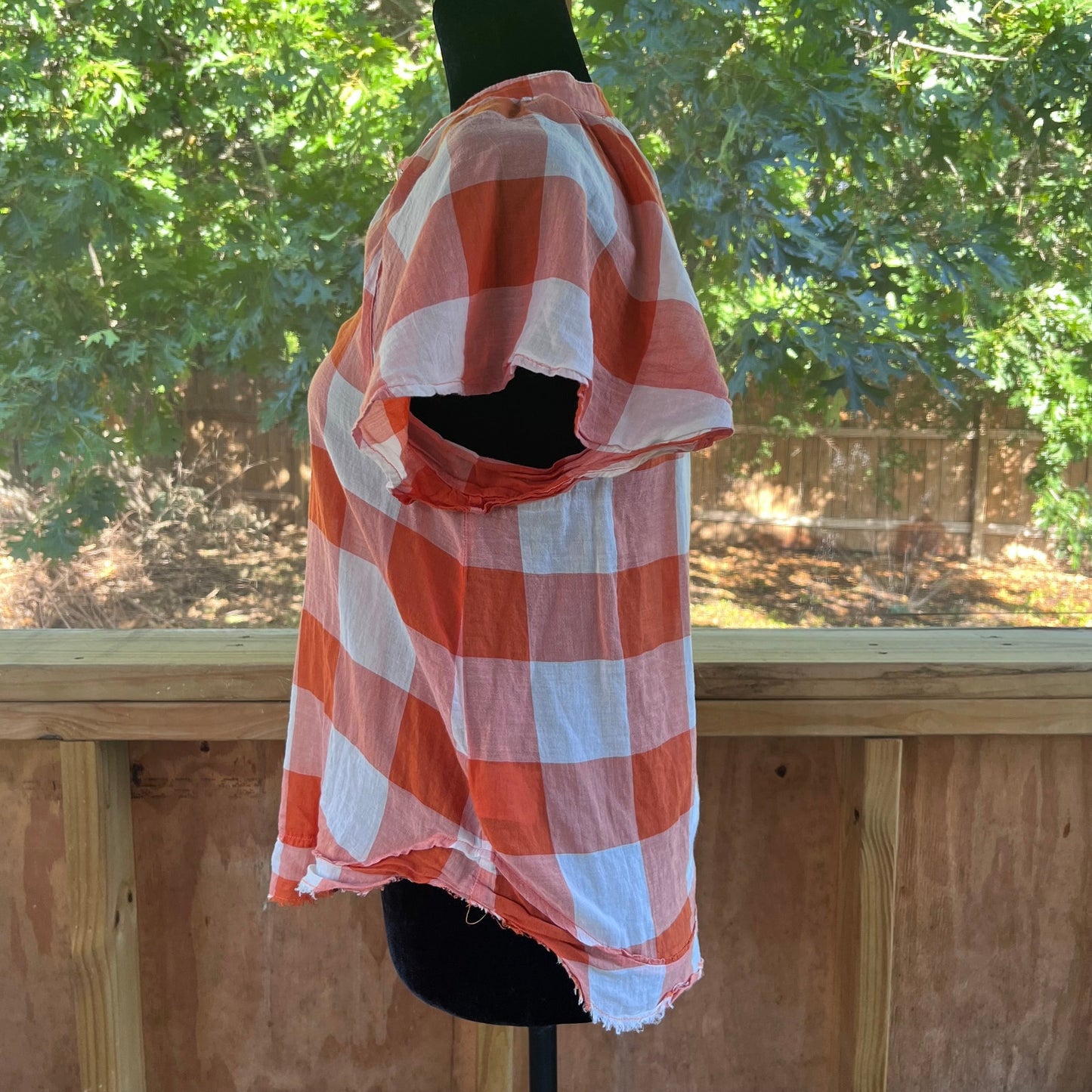 Anthropologie Maeve Orange And White Gingham Flare Sleeve Blouse Size XS