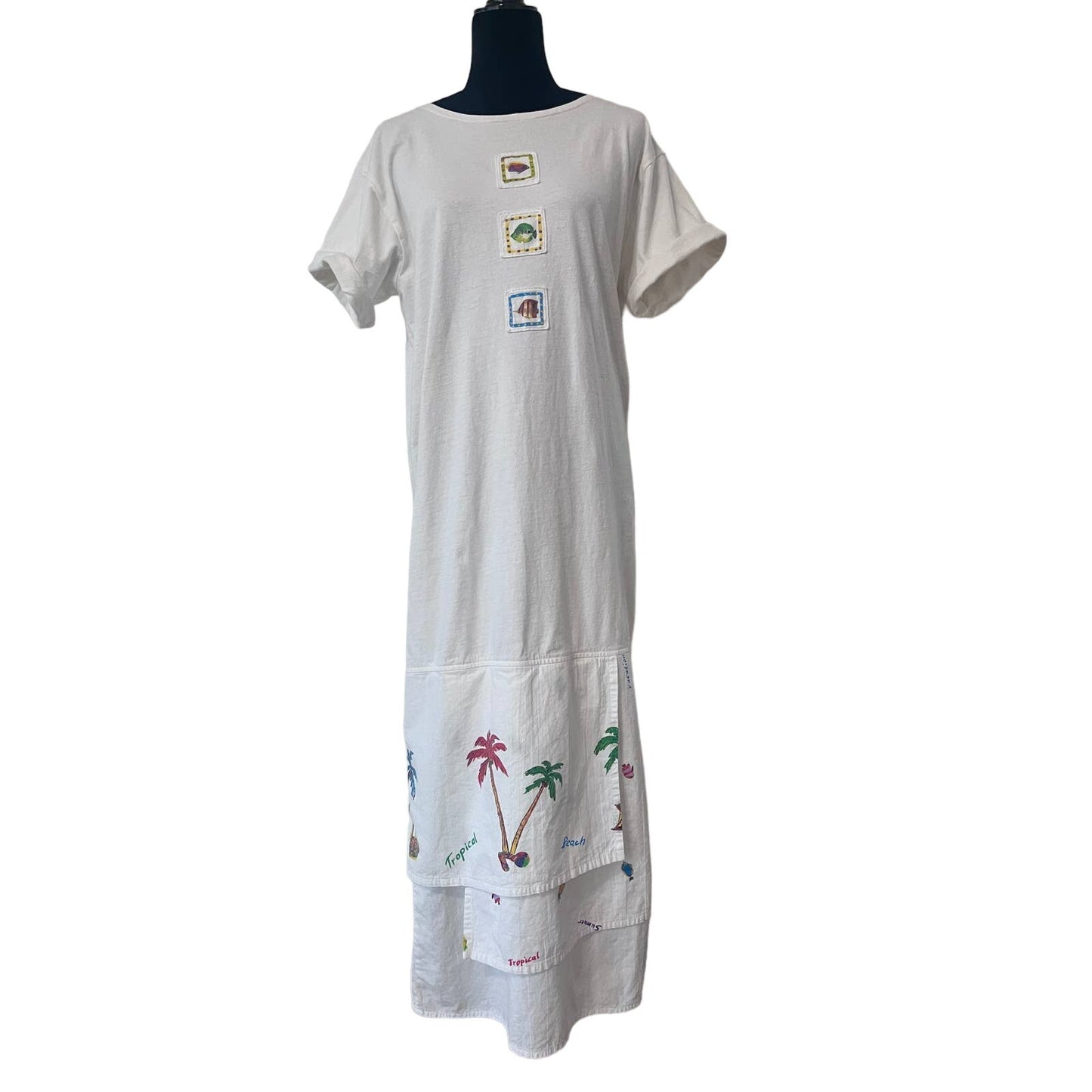 Julie Mango Vintage 90's White Vacation Theme T-Shirt Maxi Dress Size M