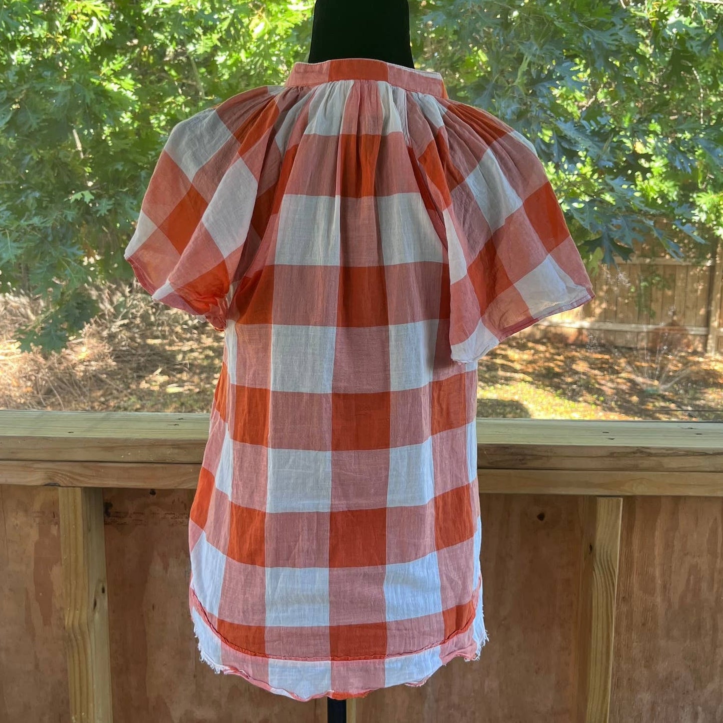 Anthropologie Maeve Orange And White Gingham Flare Sleeve Blouse Size XS