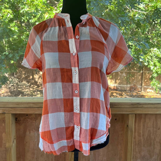 Anthropologie Maeve Orange And White Gingham Flare Sleeve Blouse Size XS