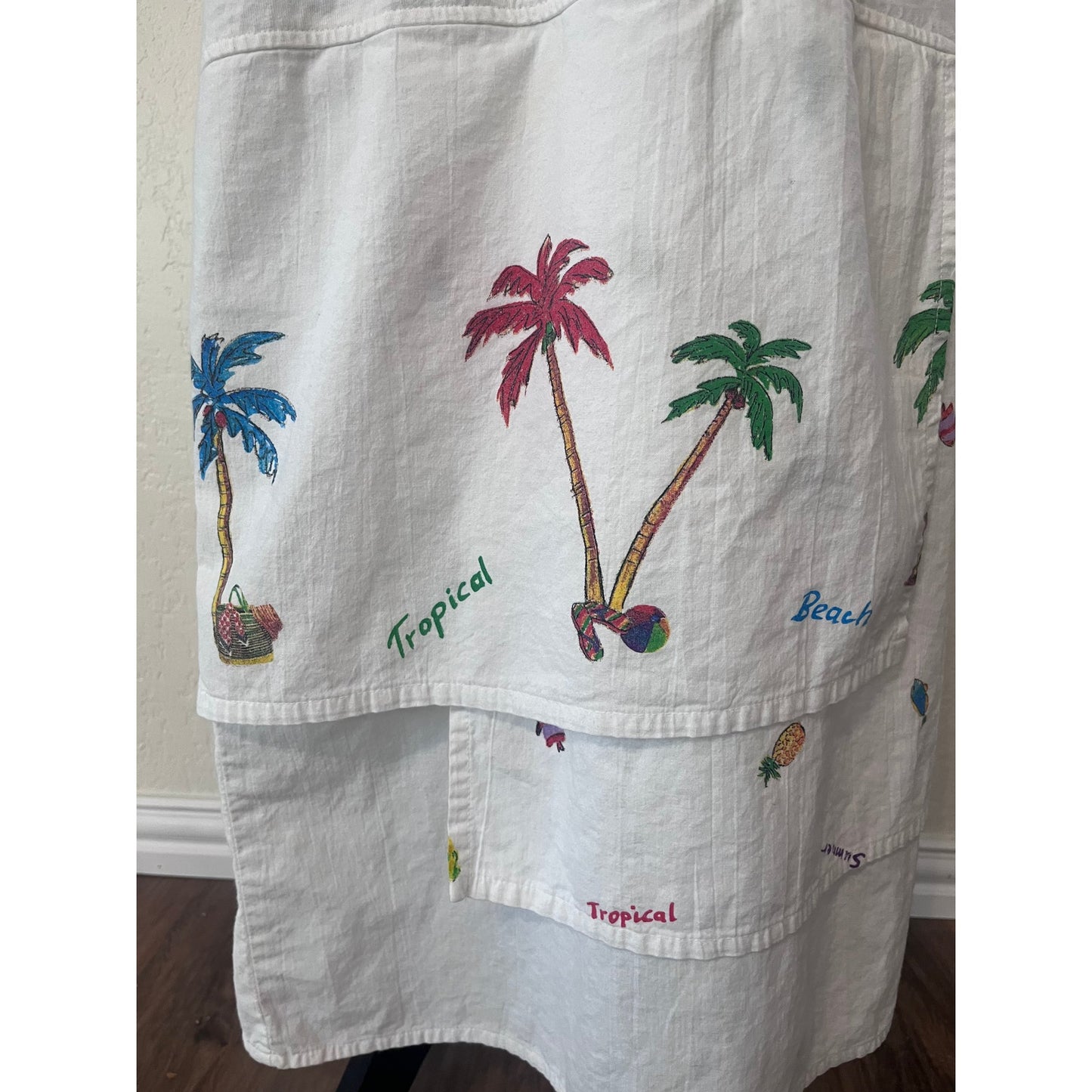 Julie Mango Vintage 90's White Vacation Theme T-Shirt Maxi Dress Size M