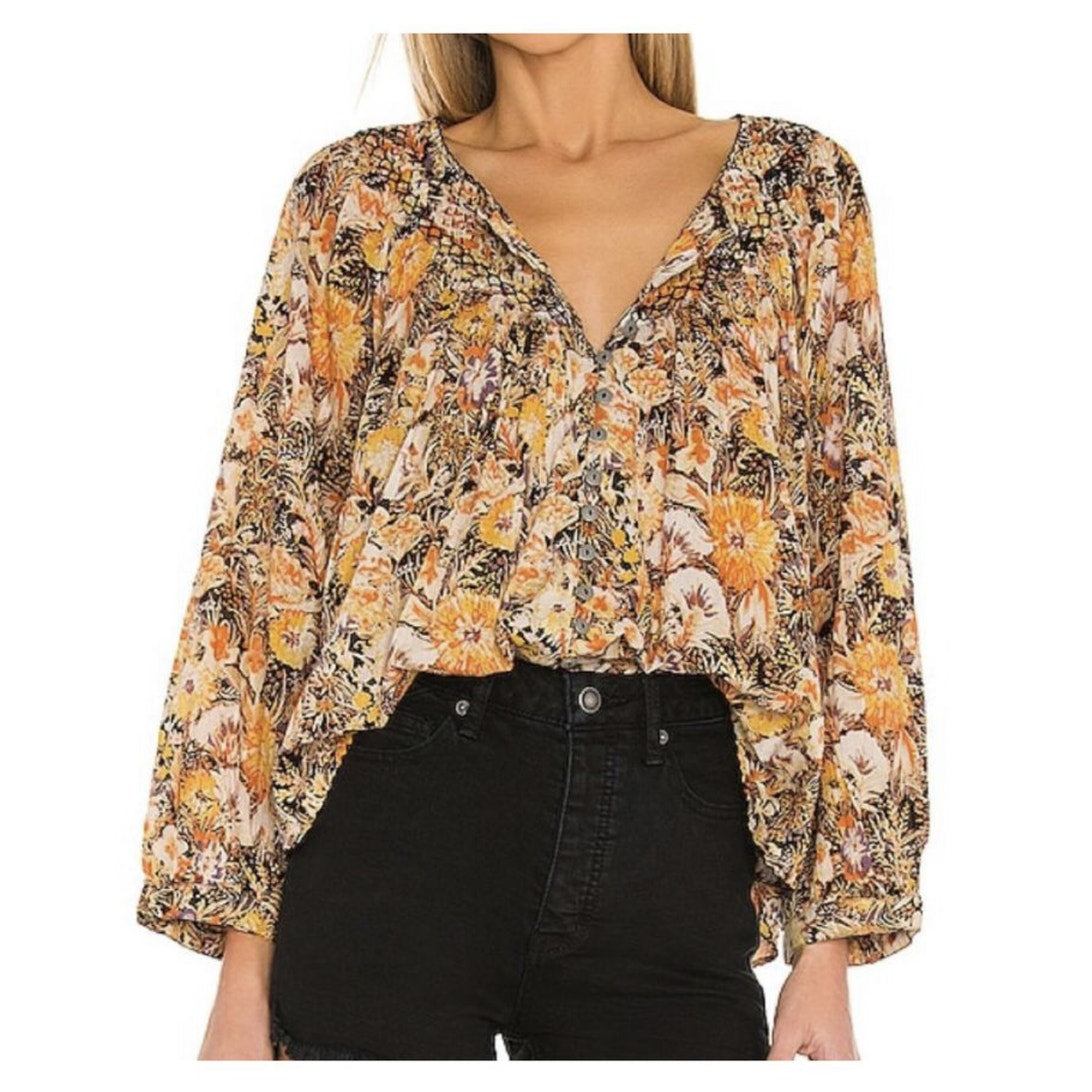 Free People We The Free Cool Meadow Blouse Size XS Yellow Floral