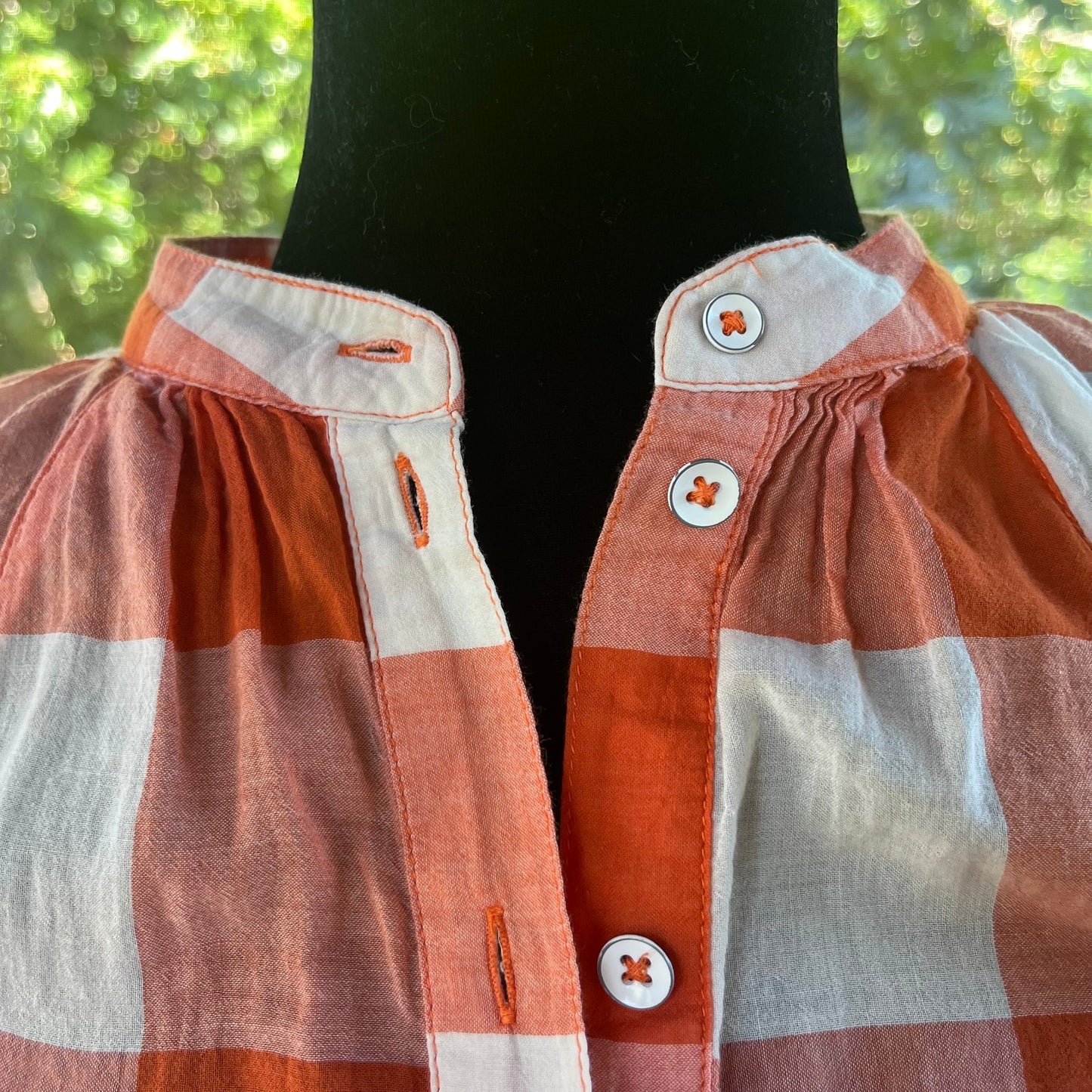 Anthropologie Maeve Orange And White Gingham Flare Sleeve Blouse Size XS